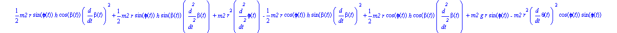 ecua := [1/3*m2*h^2*diff(theta(t), `$`(t, 2))+1/2*diff(theta(t), `$`(t, 2))*m1*r^2-m2*r^2*diff(theta(t), `$`(t, 2))*cos(phi(t))^2+2*m2*r^2*diff(theta(t), t)*cos(phi(t))*sin(phi(t))*diff(phi(t), t)-1/3...