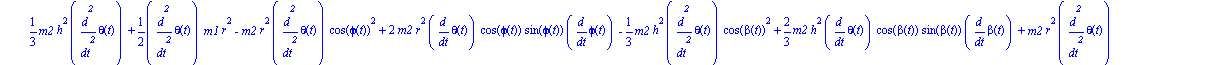 ecua := [1/3*m2*h^2*diff(theta(t), `$`(t, 2))+1/2*diff(theta(t), `$`(t, 2))*m1*r^2-m2*r^2*diff(theta(t), `$`(t, 2))*cos(phi(t))^2+2*m2*r^2*diff(theta(t), t)*cos(phi(t))*sin(phi(t))*diff(phi(t), t)-1/3...