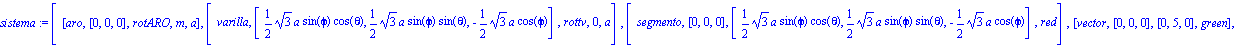 sistema := [[aro, [0, 0, 0], rotARO, m, a], [varilla, [1/2*3^(1/2)*a*sin(phi)*cos(theta), 1/2*3^(1/2)*a*sin(phi)*sin(theta), -1/2*3^(1/2)*a*cos(phi)], rottv, 0, a], [segmento, [0, 0, 0], [1/2*3^(1/2)*...