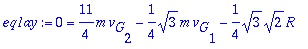 eq1ay := 0 = 11/4*m*v[G][2]-1/4*sqrt(3)*m*v[G][1]-1...